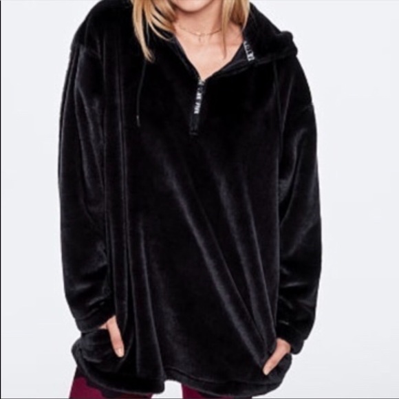 VS Pink HoodieFaux Fur Half Zip pullover Black S - Picture 2 of 5